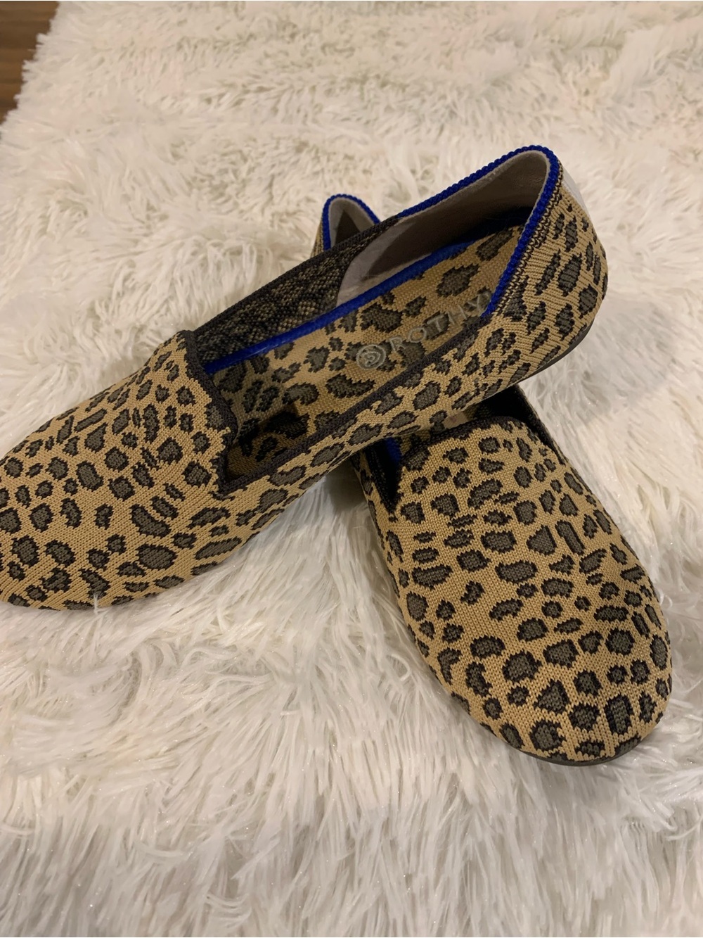 Rothy's kids Leopard Print Flats with Royal Blue Trim